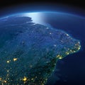 Detailed Earth. The eastern part of South America. Brazil on a moonlit night