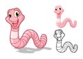 Detailed Earthworm Cartoon Character with Flat Design and Line Art Black and White Version