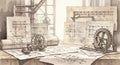 Detailed Engineering Blueprints and Mechanical Gears on Drafting Table Royalty Free Stock Photo