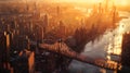 Detailed engineering details of the Ed Koch Queensboro Bridge. New York City Cityscape at Sunset. Aerial Image from a Royalty Free Stock Photo