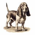 Detailed Engraving Of Basset Hound In The Style Of Leyendecker And Courbet