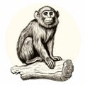 Detailed Engraving Of Chimp Sitting On Log - Lewis Morley Style