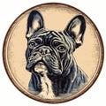 Detailed Engraving French Bulldog Logo In Dark Blue And Beige