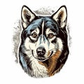 Detailed Engraving Of A Lively Husky Dog In Blue And Brown