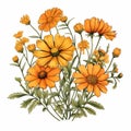 Detailed Engraving Of Marigold Wild Flowers On White Background