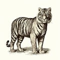 Detailed Engraving Of An Old Style Tiger On White Background