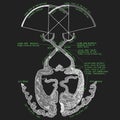 Detailed eye and brain typography with optic nerves and visual cortex