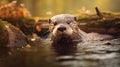 Detailed Facial Features: A Small Otter Swimming With A Strong Expression