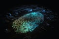 Detailed fingerprint made of glowing light on a dark technical background created with generative AI technology