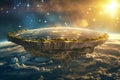 Detailed flat Earth model hovering in space with illuminated cities and natural elements, set against a starry sky with a sunrise Royalty Free Stock Photo