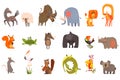 Detailed flat vector set of funny animals. Horse, sheep, bison, elephant, lion, giraffe, squirrel, frog, wild boar