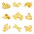 Detailed flat vector set of traditional Italian pasta of different shapes. Uncooked macaroni. Organic food