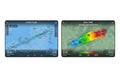 Detailed flight planning and weather analysis on dual tablet screens displaying flight routes and weather patterns Royalty Free Stock Photo