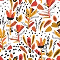 Detailed foliage seamless pattern with decorated flowers, petals, leaf, doodle elements