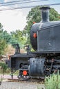 Detailed front view of old train, cloudy sky Royalty Free Stock Photo