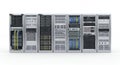 Full View of Multiple Network Server Racks in a Row Isolated on White Background Featuring Data Storage Components and Royalty Free Stock Photo