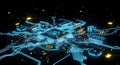 Futuristic computer motherboard with glowing blue circuits and microchips on a dark background with yellow highlights and Royalty Free Stock Photo