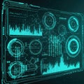 Futuristic digital interface displaying complex data analysis with charts and graphs in glowing cyan Royalty Free Stock Photo