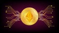 Detailed gold coin Ethereum ETH token with pcb tracks on dark red background.