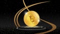 Detailed golden coins Bitcoin in front view on pedestal with sequins on black background. BTC symbol of modern digital gold and