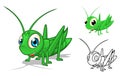 Detailed Grasshopper Cartoon Character with Flat Design and Line Art Black and White Version Royalty Free Stock Photo