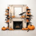 Detailed Halloween Fireplace With Pumpkins And Bat