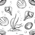 Detailed hand drawn black and white illustration seamless pattern of sea shells, pearl. sketch. Vector. Elements in Royalty Free Stock Photo