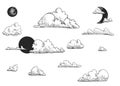 Detailed hand drawn black and white illustration set of clouds, sun, moon. sketch. Vector. Elements in graphic style Royalty Free Stock Photo