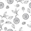 Detailed hand drawn black and white seamless pattern of tea, lemon, leaf. sketch. Vector in graphic style label, card Royalty Free Stock Photo