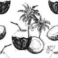 Detailed hand drawn black and white vector seamless pattern of coconut palms. sketch. Elements in graphic style label
