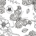 Detailed hand drawn black and white vector seamless pattern of flowers, butterfly, leaf. sketch. Elements in graphic Royalty Free Stock Photo