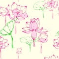 Detailed hand drawn illustration seamless floral pattern of lotus. sketch. Vector. Elements in graphic style label, card