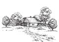 Detailed hand drawn ink black and white illustration of farm house, tree. sketch. Vector. Royalty Free Stock Photo