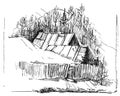 Detailed hand drawn ink black and white illustration of old house. sketch. Vector Royalty Free Stock Photo