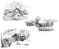 Detailed hand drawn ink black and white illustration set of farm house, tree. sketch. Vector eps 8 Royalty Free Stock Photo