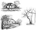 Detailed hand drawn ink black and white illustration set of farm house, tree. sketch. Vector eps 8 Royalty Free Stock Photo