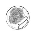 Detailed hand drawn ink black and white illustration of spaghetti and small sausage. sketch. Vector. Elements in graphic Royalty Free Stock Photo