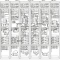A detailed, hand-drawn schematic showcases multiple server racks with labeled Royalty Free Stock Photo