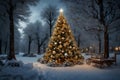 A charming winter scene with a beautifully decorated Christmas tree,