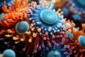 Detailed high resolution microscopic battle between bacteria and teeth, capturing intricate details