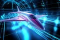 A detailed holographic simulation of a future aerodynamic aircraft placed inside a wind tunnel.