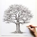 Detailed Hyperrealism: Mother Drawing An Elm Tree With A Black Pencil