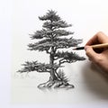 Detailed Illustration Of An Adult Drawing A Cypress Tree With A Pencil