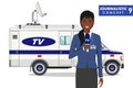 Journalistic concept. Detailed illustration of african american woman reporter and TV or news car in flat style on white backgroun