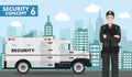 Security concept. Detailed illustration of armored car and security guard on background with cityscape in flat style