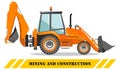 Backhoe loader. Detailed illustration of heavy mining machine and construction equipment. Vector illustration