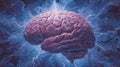 Intricate illustration of a human brain surrounded by vibrant electric currents and swirling energy, symbolizing creativity, Royalty Free Stock Photo