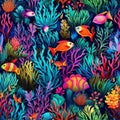 Detailed illustration of a bustling coral reef habitat teeming with marine life and corals Underwater seamless