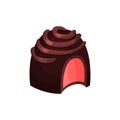 Detailed illustration of candy in dark chocolate glaze with cherry or strawberry filling. Tender souffle. Delicious