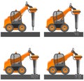 Detailed illustration of car with hammer. Mini excavator with different boom position destroys the asphalt, road, soil